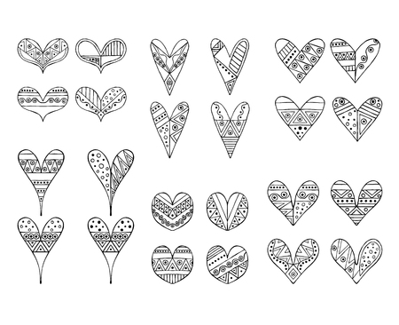 Set of vector hand drawn decorative stylized childish hearts. Doodle style, tribal graphic illustration. Ornamental cute hand drawing Series of doodle cartoon sketch illustrationsのイラスト素材