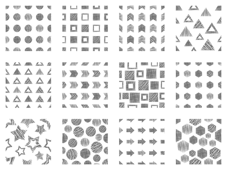 Set of seamless vector geometrical patterns with different geometric figures, forms. pastel endless background with hand drawn textured geometric figures. Graphic vector illustrationのイラスト素材