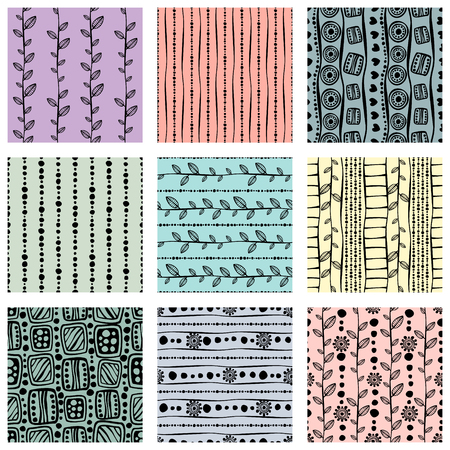Set of seamless vector pattern. Colorful hand drawn endless background with ornamental decorative elements with ethnic, traditional, tribal motifes. Series of Hand Drawn Ornamental Seamless Patternsのイラスト素材