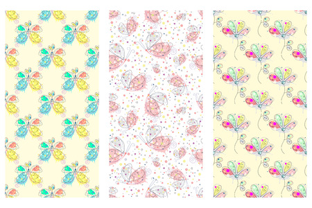Vector seamless pattern with insect Hand drawn outline decorative endless background with cute drawn butterfly, wasp, flowers Graphic illustration. Line drawing. Print for wrapping, background, decorのイラスト素材