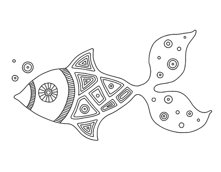 Vector hand drawn black and white illustration of isolated fish with decorative geometrical elements, lines, dots. Picture for coloring. Line drawing.のイラスト素材