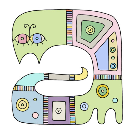 Vector hand drawn colorful illustration of isolated psuchedelic cat with decorative elements, geometrical symbols.  Line drawing.のイラスト素材