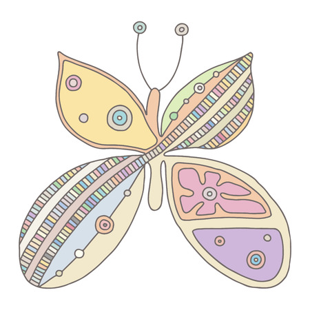 Vector hand drawn colorful illustration of isolated butterfly with decorative geometrical elements, lines, dots. Picture for coloring. Line drawing. Graphic illustrationのイラスト素材