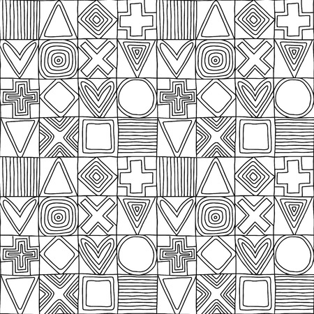 Geometric vector seamless pattern with different geometrical hand drawn forms. Square, triangle, rectangle, dots, circles. Modern techno design. Abstract background. Graphic black  white Illustrationのイラスト素材