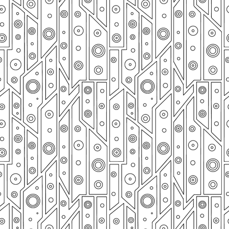 Geometric vector seamless pattern with different geometrical forms. Square, triangle, rectangle, dots, circles. Modern techno design. Abstract background. Graphic black and white Illustrationのイラスト素材
