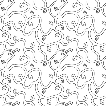 Seamless vector black and white hand drawn pattern with branch, leaves. Abstract infinite tree. Graphic colorless illustration. Print for fabric, background, wallpaper, packeging, wrappingのイラスト素材