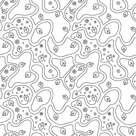 Seamless vector black and white hand drawn pattern with branch, leaves, dots. Abstract infinite tree. Graphic colorless illustration. Print for fabric, background, wallpaper, packeging, wrappingのイラスト素材