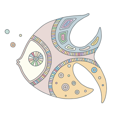 Vector hand drawn colorful illustration of isolated fish with decorative geometrical elements, lines, dots. Picture for coloring. Line drawing.のイラスト素材