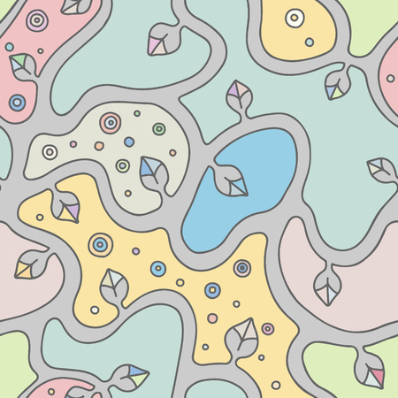 Seamless vector black and white hand drawn pattern with branch, leaves, dots. Abstract infinite tree. Graphic colorful illustration. Print for fabric, background, wallpaper, packeging, wrappingのイラスト素材