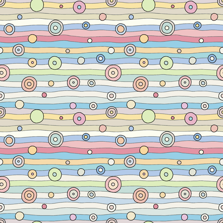 Seamless vector pattern. Colorful geometrical hand drawn background with horizontal lines and dots. Simple print for background, wallpaper, packaging, wrapping, fabric.のイラスト素材