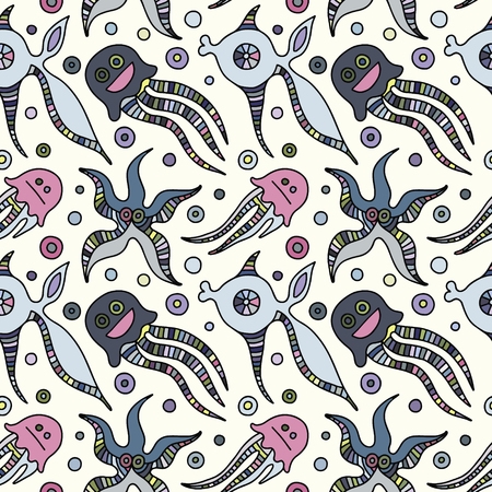 Seamless vector colorful background with hand drawn decorative childlike fish, jellyfish, octopus, starfish. Graphic illustration. Print for wrapping, wallpaper, background, surface, packagingのイラスト素材