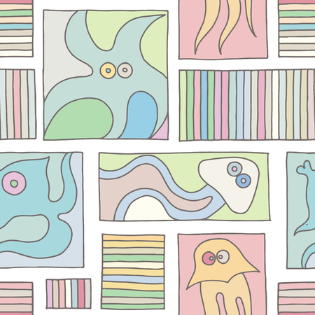 Seamless vector grey background with hand drawn decorative childlike fish, jellyfish, octopus, starfish. Graphic illustration. Print for wrapping, wallpaper, background, surface, packagingのイラスト素材