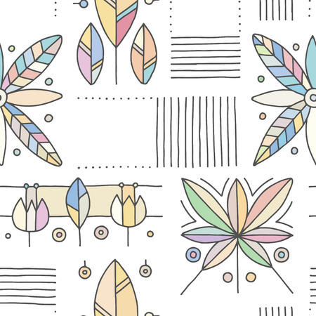Seamless vector decorative hand drawn pattern with geometrical motifs, flowers. Graphic vintage design. Print for wrapping, wallpaper, surface, packaging.のイラスト素材