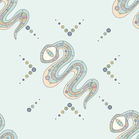 Vector hand drawn colorful seamless pattern, illustration of snaik with decorative geometrical elements, lines, dots. Line drawing. Graphic design.のイラスト素材