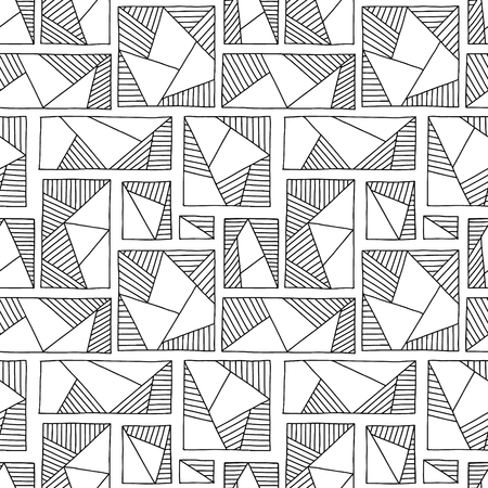 Seamless vector pattern. Black and white geometrical hand drawn background with rectangles, squares, triangles. Print for wallpaper, packaging, wrapping, fabric. Line drawing, graphic designのイラスト素材