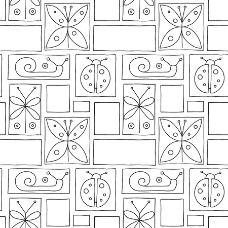 Seamless vector black and white background with hand drawn decorative childlike butterfly, ladybug, snail, dragonfly. Graphic illustration. Print for wrapping, wallpaper, background, packagingのイラスト素材