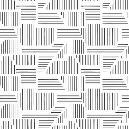 Geometric vector seamless pattern with different geometrical forms. Striped square, triangle, rectangle. Modern techno minimal design. Abstract background. Graphic black and white Illustrationのイラスト素材