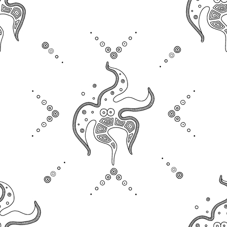 Vector hand drawn black and white seamless pattern, illustration of starfish with decorative geometrical elements, lines, dots. Line drawing. Graphic artistic design.のイラスト素材