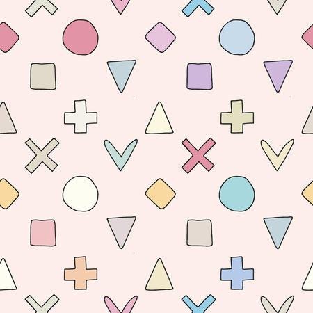 Seamless vector pattern. geometrical background with hand drawn decorative elements. Print with cross, square, triangle, rectangle, circle. Graphic illustration, wrapping, wallpaper, fabric, packingのイラスト素材