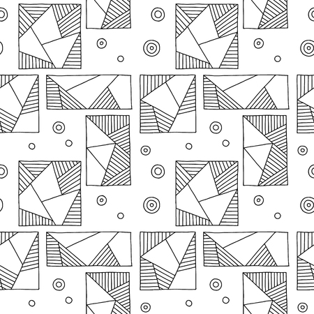 Seamless vector pattern. Black and white geometrical hand drawn background with rectangles, squares, triangles, dots. Print for wallpaper, packaging, wrapping, fabric. Line drawing, graphic designのイラスト素材