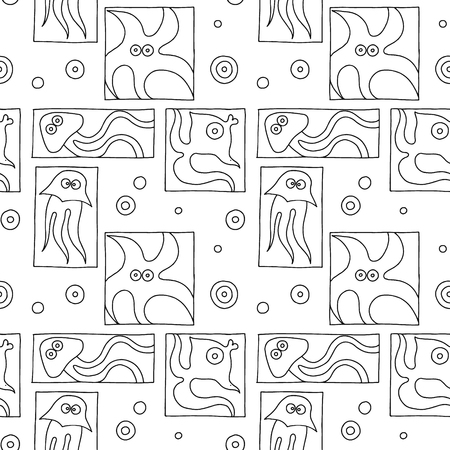 Seamless vector black and white background with hand drawn decorative childlike fish, jellyfish, octopus, starfish. Graphic illustration. Print for wrapping, wallpaper, background, surface, packagingのイラスト素材