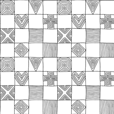 Seamless vector pattern. Black and white geometrical hand drawn background with figures, squares, hearts, triangle, cross, dots, lines. Print for background, wallpaper, packaging, wrapping, fabric.のイラスト素材