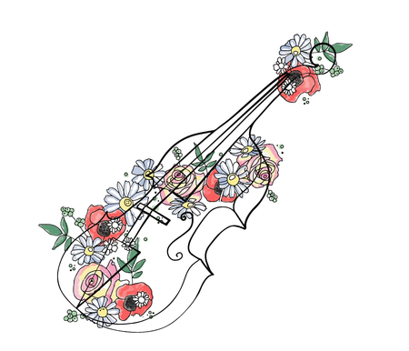 Vector hand drawn graphic illustration of violin with flowers, leaves Sketch drawing, doodle style. Artistic abstract line art. Black, white silhouette wirh colorful rose, poppy, dandelion, leafのイラスト素材