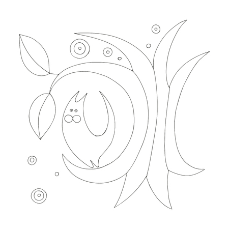Graphic vector hand drawn illustration of cat, tree with leaves, dots. Line drawing, cute picrute for coloring. Black and whiteのイラスト素材