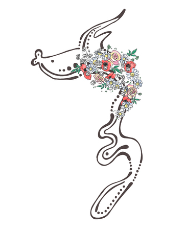 Vector hand drawn graphic illustration of sea animal, fish with flowers, leaves Sketch drawing, doodle style. Artistic abstract line art. Black, white silhouette wirh colorful rose, poppy, leafのイラスト素材