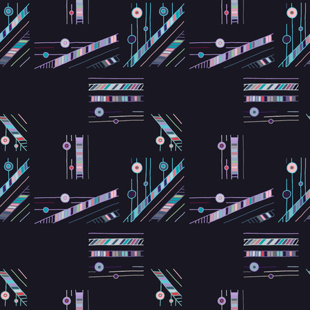 Seamless vector pattern. Dark blue geometrical hand drawn background with rectangles, squares, dots, lines. Print for background, wallpaper, packaging, wrapping, fabric.のイラスト素材