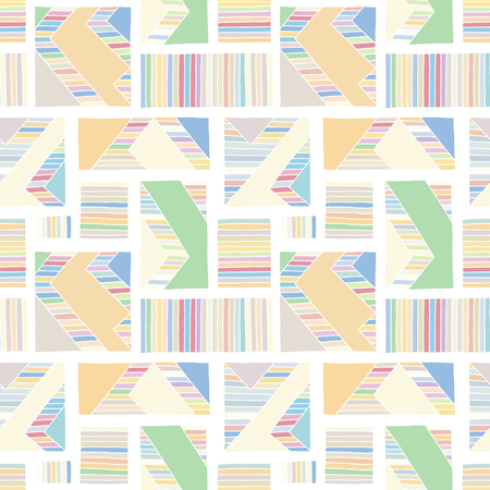 Seamless vector pattern geometrical hand drawn background with rectangles, squares, lines zigzag Print for background, wallpaper, packaging, wrapping, fabric, textile Pink pastel color, graphic designのイラスト素材