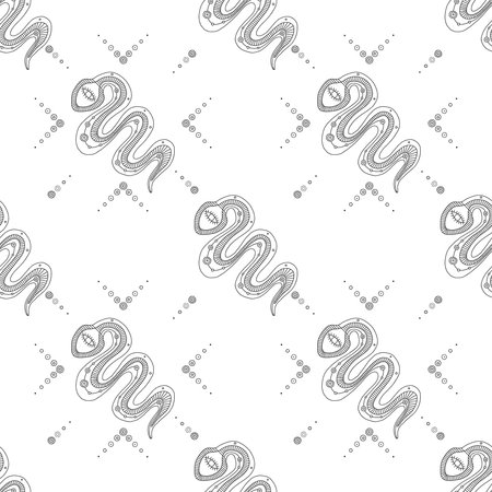 Vector hand drawn black and white seamless pattern, illustration of snaik with decorative...