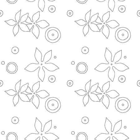 Seamless vector hand drawn pattern with decorative elements, flowers, leaves. dots. Black and white background, graphic illustration, doodle style.のイラスト素材