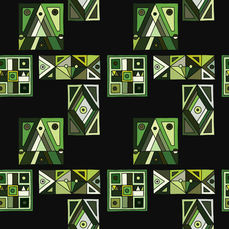 Seamless vector pattern. geometrical hand drawn background with rectangles, squares, triangles, dots, lines. Print for wallpaper, packaging, wrapping, fabric. Line drawing, graphic abstract designのイラスト素材