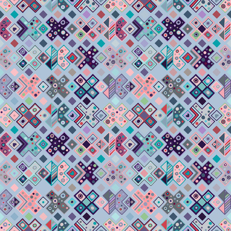 Seamless vector geometrical pattern, hand drawn decorative elements. Graphic design, drawing illustration. Print for fabric, textil, wallpaper, wrapping, packaging. Vintage retro old style backgroundのイラスト素材