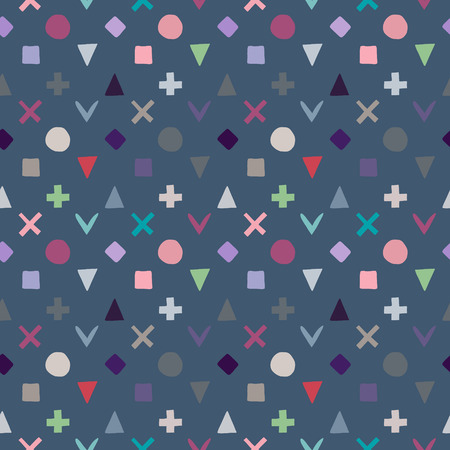 Geometric vector seamless pattern with different geometrical hand drawn childlike elements, forms. Square, triangle, rectangle, dots, circles, heart. Graphic design. Abstract childish background.のイラスト素材