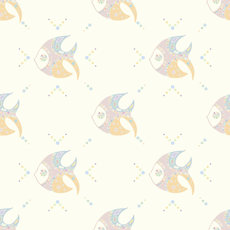 Seamless vector pattern, hand drawn decorative background with cute fish. Pastel mono color, repeating template for wallpaper, fabric, packaging, Graphic design, beautiful illustration.のイラスト素材