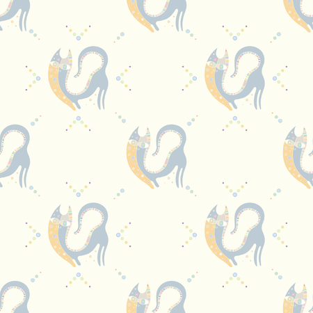 Seamless vector pattern, hand drawn decorative background with cute cats. Pastel mono color, repeating template for wallpaper, fabric, packaging, Graphic design, beautiful illustration.のイラスト素材