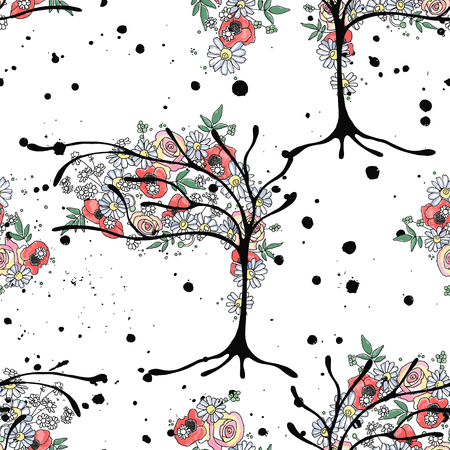Vector hand drawn seamless pattern graphic illustration of tree with flowers leaves branch Sketch drawing, doodle style Artistic abstract, watercolor wirh drip blot splotch ink splodge sprayのイラスト素材