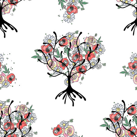 Vector hand drawn seamless pattern, graphic illustration of tree with flowers, leaves, branch Sketch drawing, doodle style. Artistic abstract, watercolor silhouette wirh rose, poppy, dandelion, leaf.のイラスト素材