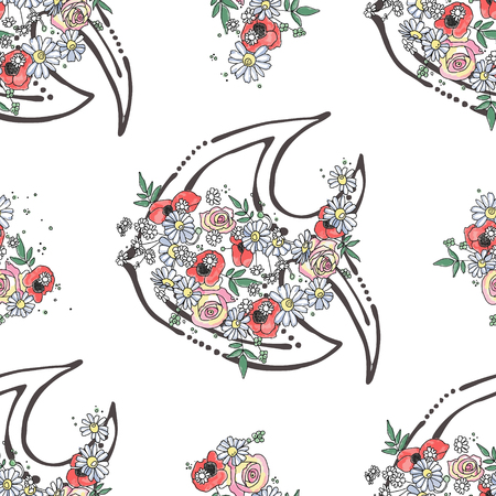 Vector seamless pattern, hand drawn graphic illustration background sea animal, fish with flowers, leaves Sketch drawing, doodle style. Artistic abstract line art. Black, white silhouette with roseのイラスト素材