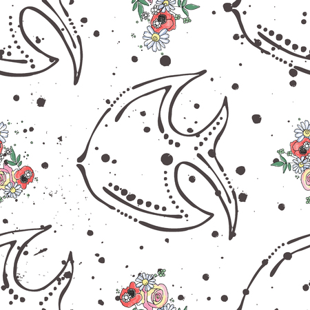 Vector seamless pattern, hand drawn graphic illustration background sea animal, fish with flowers, leaves Sketch drawing, doodle style. Artistic abstract line art. Black, white silhouette with roseのイラスト素材