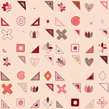 Seamless vector pattern, cute decorative geometrical hand drawn with childlike elements, dots, square, circle, cross, rectangle, triangle, square, flowers, hearts, spiral. Colorful background, doodle style.のイラスト素材