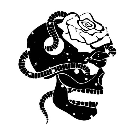 Vector black white hand drawn illustration, skull with snake, rose tooth, silhouette face of human Print horror for t shirt Mexican style, day of the dead Mexico, halloween Sketch, tattoo drawing.のイラスト素材