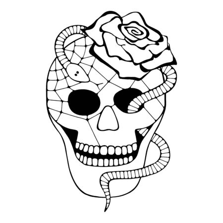 Vector black and white hand drawn illustration, skull with snake, rose tooth, silhouette face of human Print horror for t shirt Mexican style, day of the dead Mexico, halloween Sketch, tattoo drawing.のイラスト素材