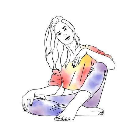 Vector hand drawn graphic illustration of cute watercolor girl. Black and white silhouette of beautiful woman in free seat pose. Sketch drawing, doodle style. Sexy pretty posing person, cartoonのイラスト素材