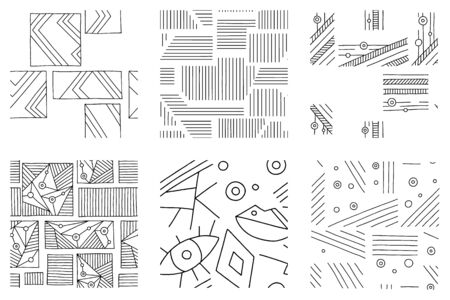 Set of seamless vector pattern, black and white geometric background with rhombus, triangles, rectangles, dots, lines, squares. Abstract graphic design. Line drawing, print for wallpaper, fabricのイラスト素材
