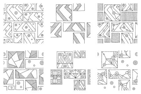 Set of seamless vector pattern, black and white geometric background with rhombus, triangles, rectangles, dots, lines, squares. Abstract graphic design. Line drawing, print for wallpaper, fabricのイラスト素材