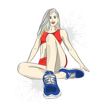 Vector graphic illustration of hand drawn fitness cute slim gilr with, blot, drop, splodge. Beautiful sporty positive colorful woman, sitting, smiling and posing. Healthy lifestyle, sport activity.のイラスト素材