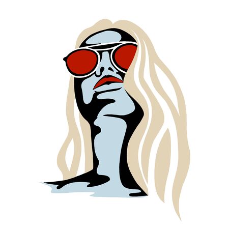 Vector graphic illustration of girl looking up. Beautiful silhouette simple close up face with sunglasses, minimalistic style, vintage, street art, Vector design, hand drawn sketch. Pure minimalismのイラスト素材